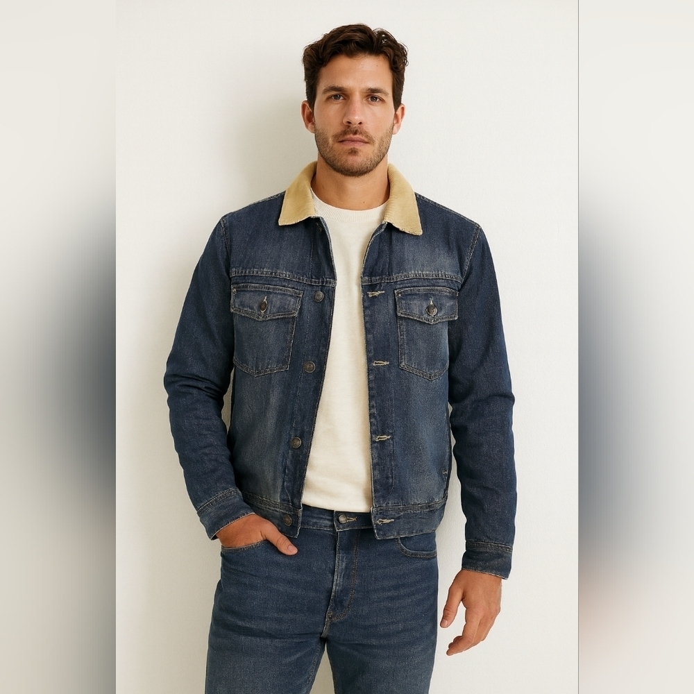 VintageWindRiver Men's Denim Jacket with Tan Corduroy Collar Size S Or Women's M